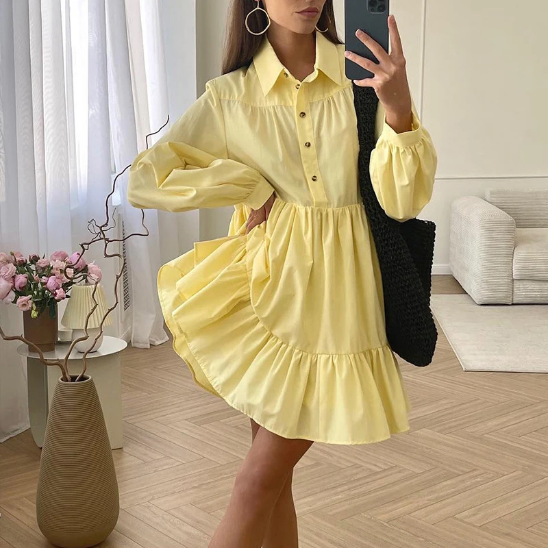 

Elegant High Waist Party Dress for Women Lady Turn-down Collar Button Solid Shirt Dress 2023 Fall Long Sleeve Pleated Mini Dress