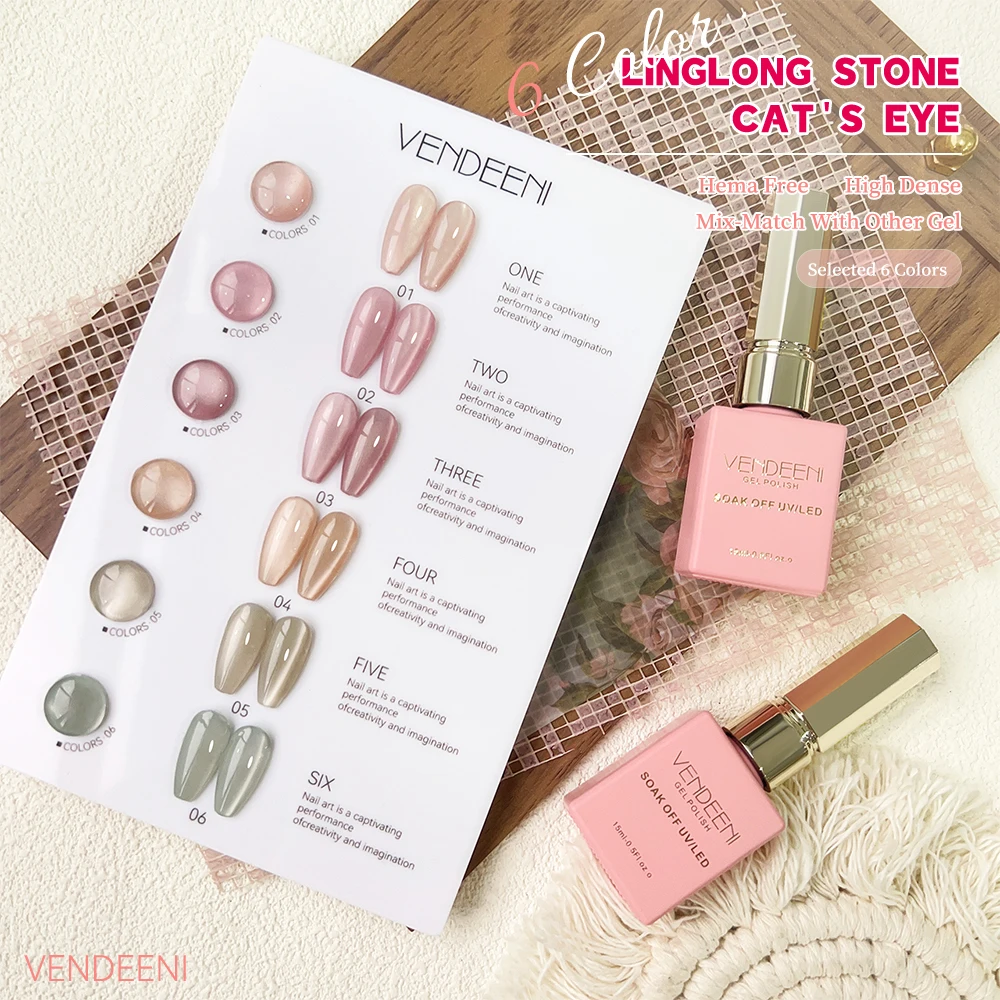 Vendeeni 6 Colors Magnetic Cat Eye Gel Nail Polish Set Pink UV LED Soak Off Gel Varnish Crystal Cat Eye Gel Lacquer With Display 3