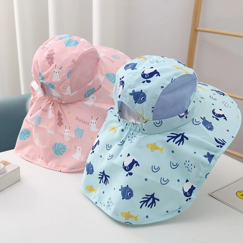 Summer Children UV Protection Shawl Hat Print Kids Large Brim Sunshade Visor 2-10Year Boy Girl Baby Quick Dry Mesh Fisherman Cap 4