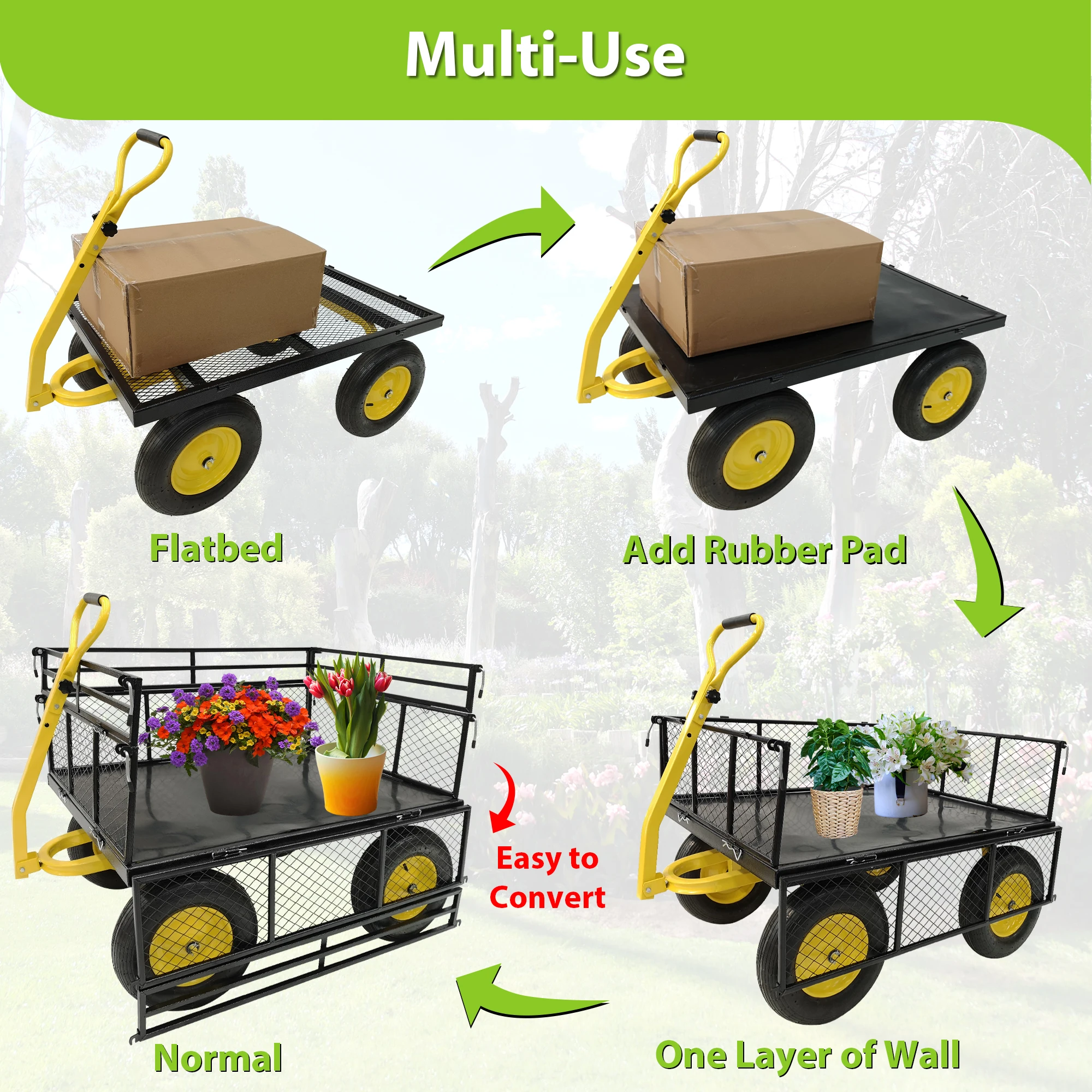 LZBEITEM Steel Garden Cart, Heavy Duty 1400 lbs Capacity, with Removable Mesh Sides to Convert into Flatbed, with16 in Tires 5