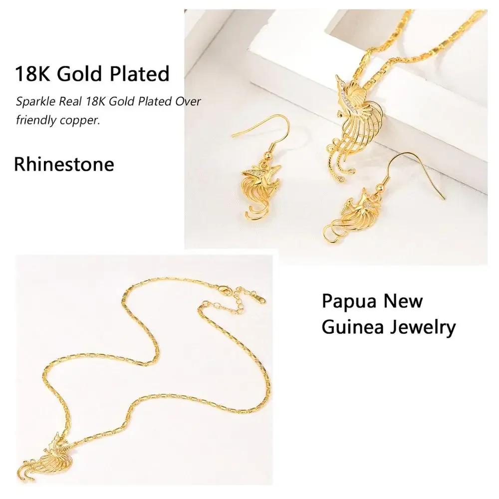 Necklace Earring Set for Women Bird of Paradise Phoenix 3D Drum Lizard Papua New Guinea PNG Country Jewelry QC24 crystal pendant necklaces 2pcs/set