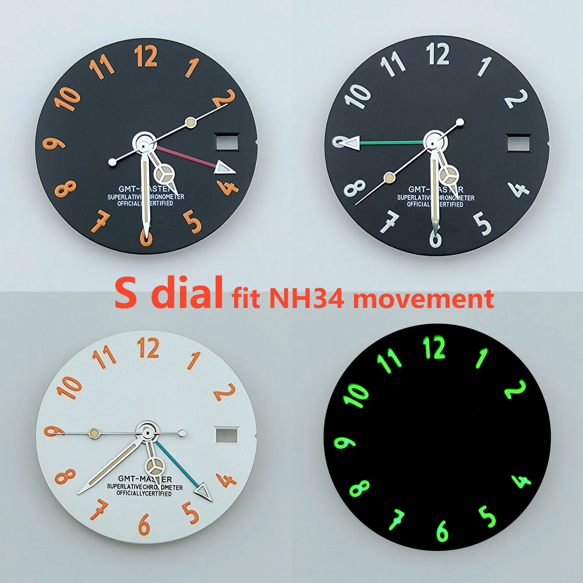 NH34 무브먼트용 GMT 다이얼, 빈티지 다이얼, 4 손 29mm, 녹색 발광 시계 다이얼, 수정 다이얼, 시계 액세서리