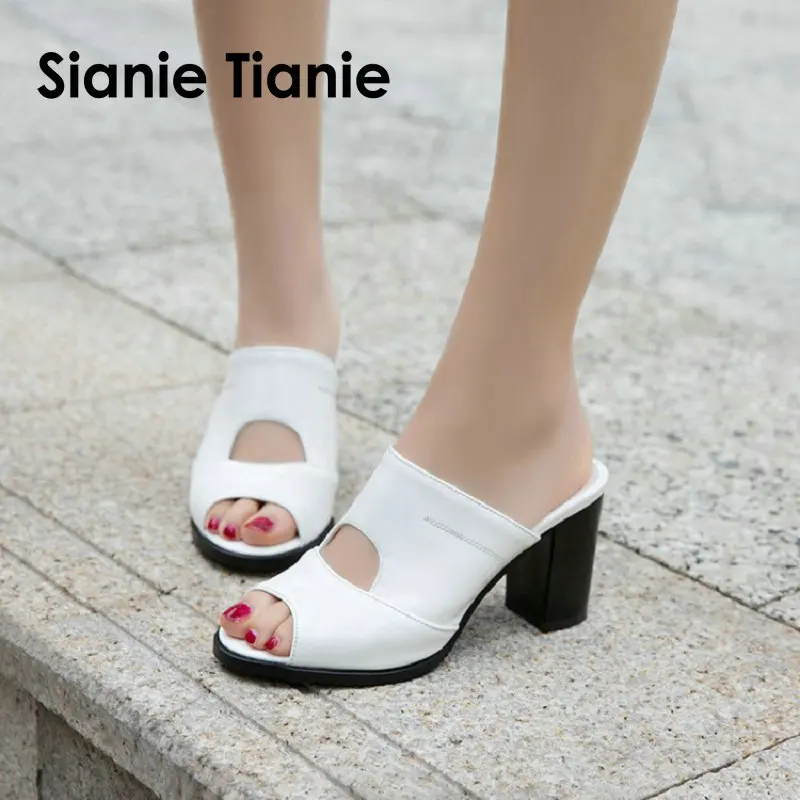 

QPLYXCO 2021 Summer PU Peep Toe White Black Women Pumps Block High Heels Outdoor Woman Slippers Mules Slides Size 45 46 47