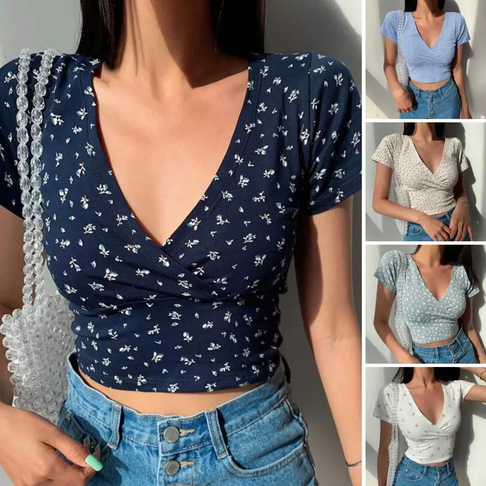 

Summer French Retro Floral V-neck Short-sleeved T-shirt Slim Slimming Wild High Waist T-shirt Women's Top
