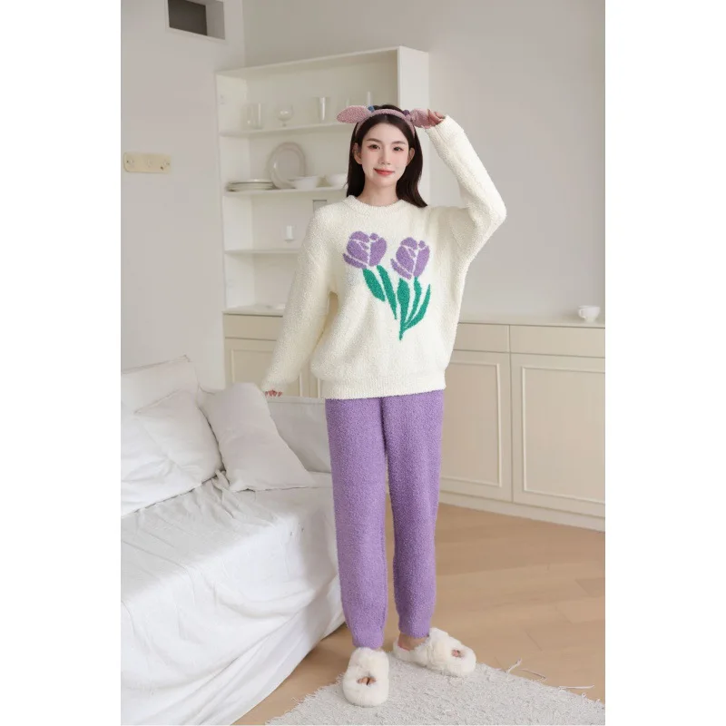 Half edge plush pajamas for women in winter, thickened and plush for warmth, autumn and winter, soft and cozy home clothing