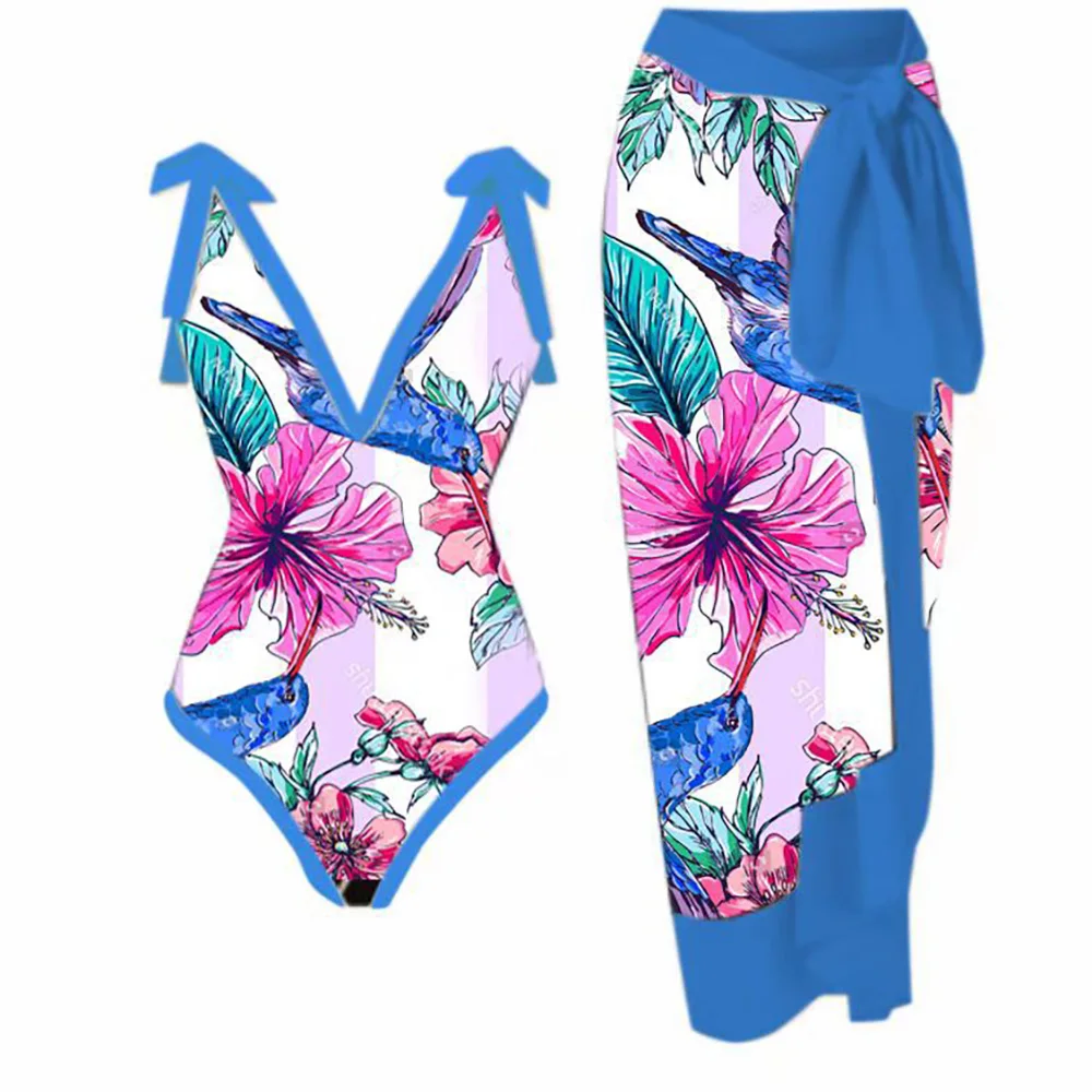 New Fashion Cover-Up Swimwear Summer Beach Wear Sexy One-piece Swimsuit Suit Long Skirt Chiffon Print Deep V Bikini
