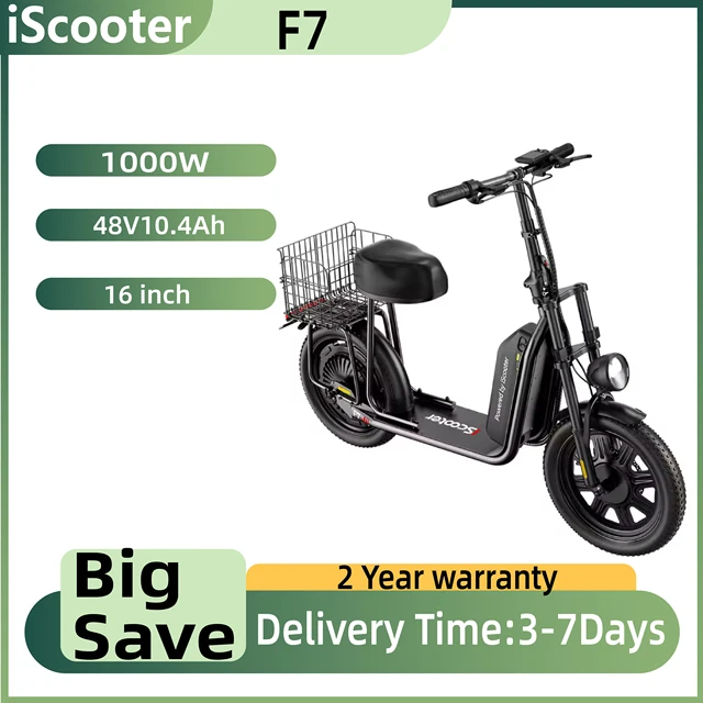 Trottinette électrique de montagne ISCOOTER F7, moteur 1000W, version premium, batterie 48V10.4AH, pneus larges de 16 pouces pour la neige, trajets urbains, trottinette électrique 1
