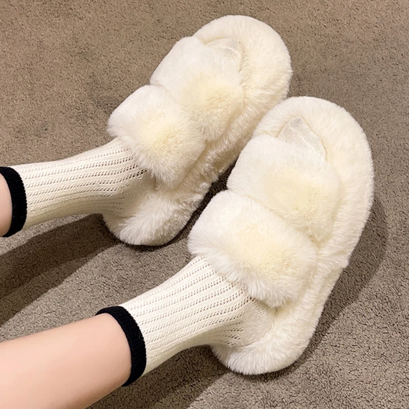 Warm Fluffy Home Slippers Women 2023 New Winter Fur Slippers For Women Flat Platform Cozy Furry House Indoor Shoes Korean Slides