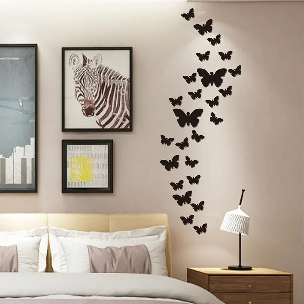 36PCS/Set Mirror Butterfly Pattern Wall Stickers DIY Background Living Room Bedroom Stickers Garden Style 3D Cafe Window Flowers