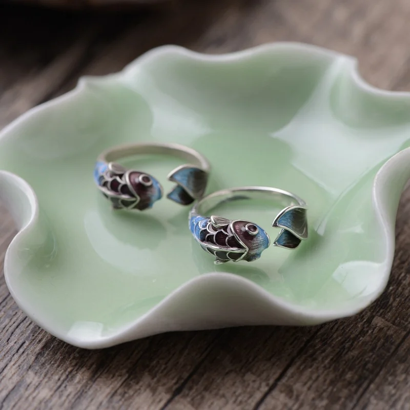 Vintage Lucky Koi Fish Open Ring For Women Fashion Silver Plated Copper Blue Lotus Rabbit Finger Rings Wedding Party Jewelry 2