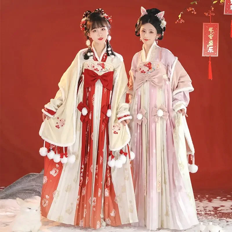 

2 Colors Song Dynasty Chinese Style Women Winter Hanfu Dress Set Rabbit Theme Sweet Pleated Skirt Elegant Fluff Edge Coat