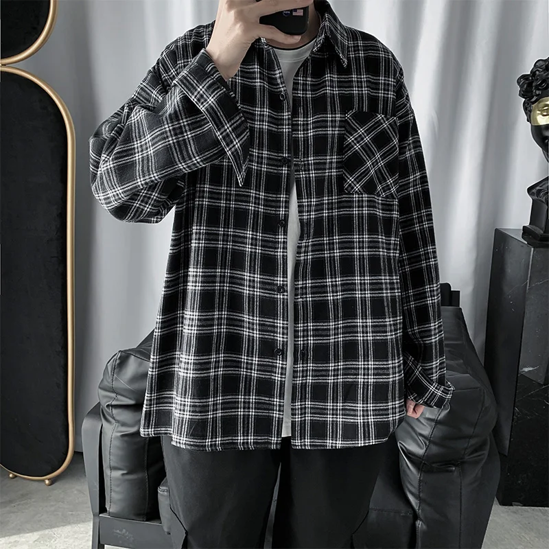 Men Shirts Oversized Cotton Plaid Shirt Button Up Hip Hop Long Sleeve Tops Korean Harajuku Mens Clothing Casual Vintage Ulzzang