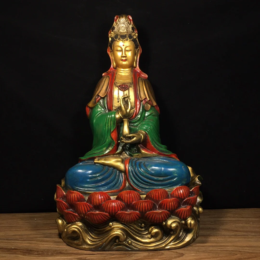 

18"Tibetan Temple Collection Old Bronze Painted Bottle Guanyin Bodhisattva Sitting Buddha Lotus Platform Worship Hall Town house