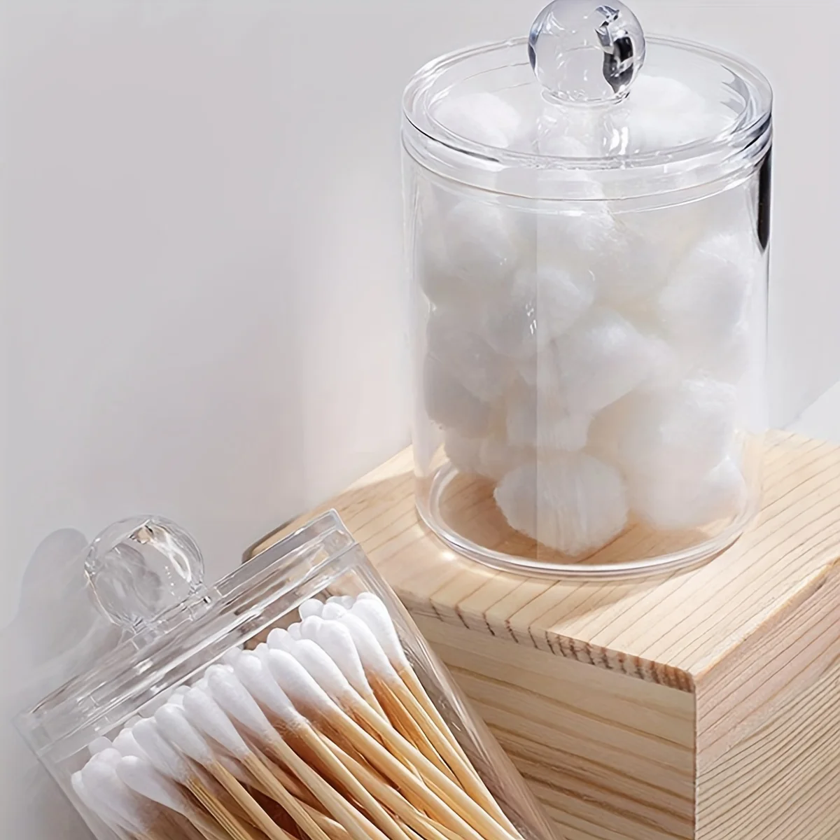 1pc Clear Apothecary Qtip Storage Jar With Bamboo Lids Vanity Makeup Organizer Storage Containers For Swab Ball Pads