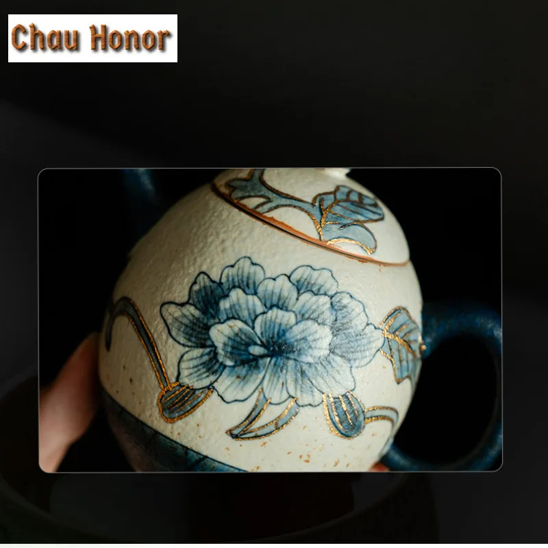 160ml Blue And White Flint Red Teapot Handmade Gold Drawing Peony Flower Pot Tea Maker Egg Shape Kettle Chinese Tea Set Ornament