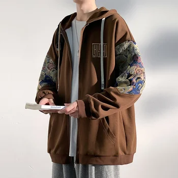 작은 곰 패치 워크 지퍼 업 카디건 후드 아우터웨어 남성용 봄과 가을 자수 디자인 감각 어린 학생 오버 핏 재킷