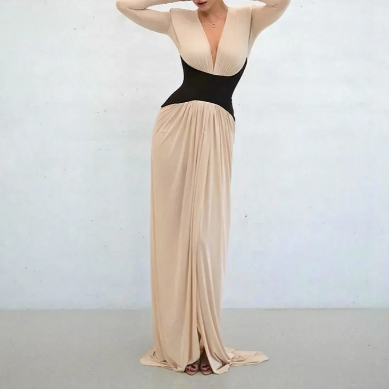 Fashion Simple New Spring and Autumn Women's Deep V-neck Long Sleeve Dress Contrasting Elegant Long Slim Waist High Slit Dress