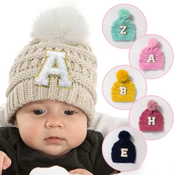 2025 New Infant Baby Girls Pom-pom Knit Beanie Caps Letter Patch Winter Warm Hat for Newborn Boys Girls Daily Outdoor Headwear 1