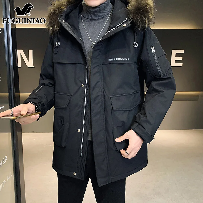 Down Jacket Men's Mid-Length Autumn and Winter New Fashion Warm Keeping Casual Hooded Coat Men's Clothing
