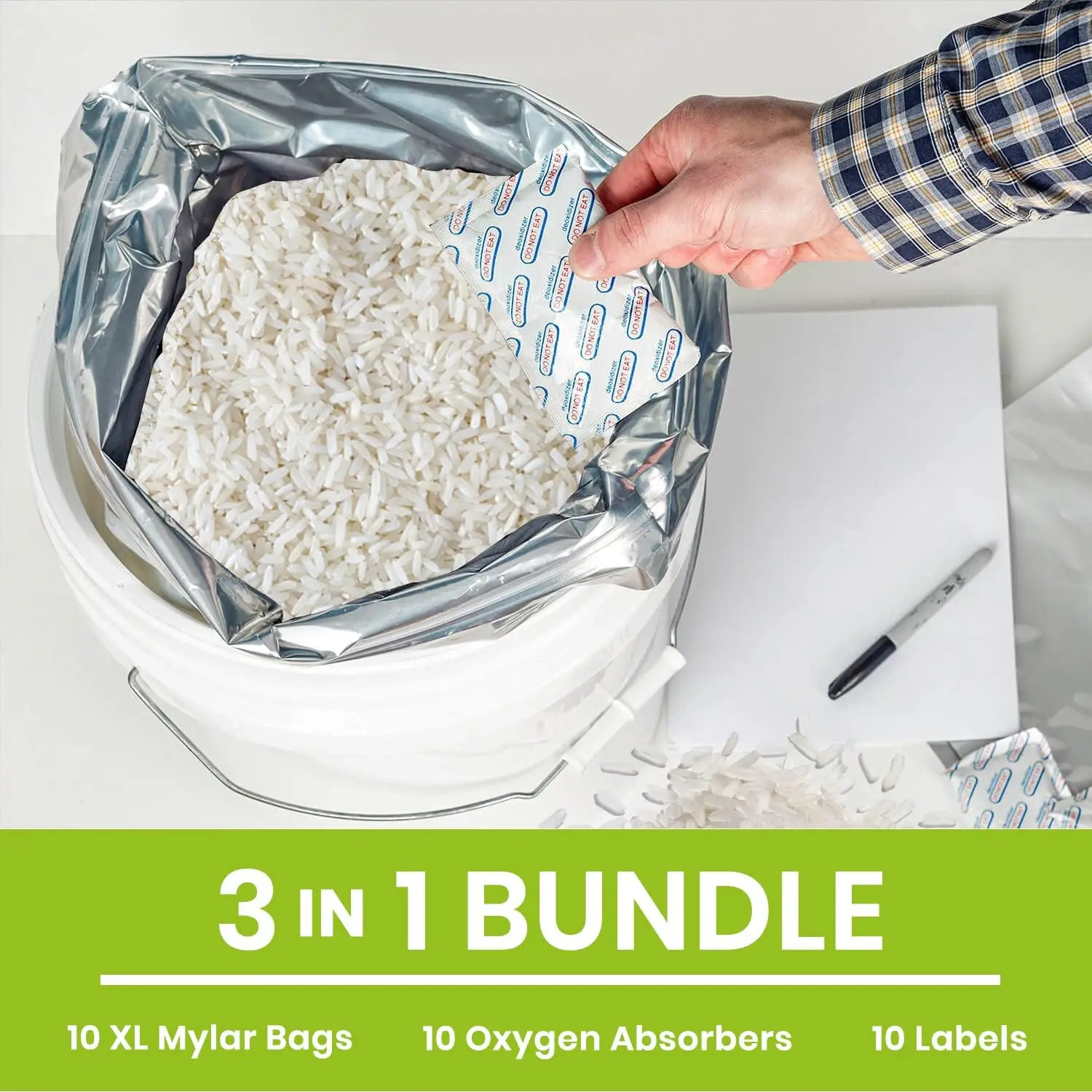 2/4/5 Gallon Mylar Zipper Bags Food Storage 12 Mil Thick Mylar Bags with Oxygen Absorbers 2000cc Ziplock Resealable 10pcs