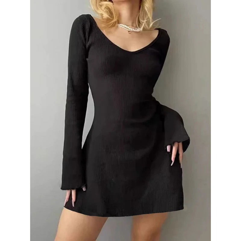 Vestidos Elegantes y bonitos para mujer, Mini vestido negro Sexy de manga larga con cuello en V, Color sólido, Otoño e Invierno - Imagen 6