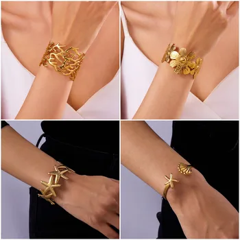 316L Stainless Steel Shell Starfish Open Bracelet for Women Boho Gold Color Coral Flower Zircon Cuff Bangle Beach Party Jewelry