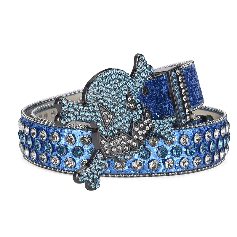Men's Jeans Rhinestone Dark Skull Head Women Belt Western