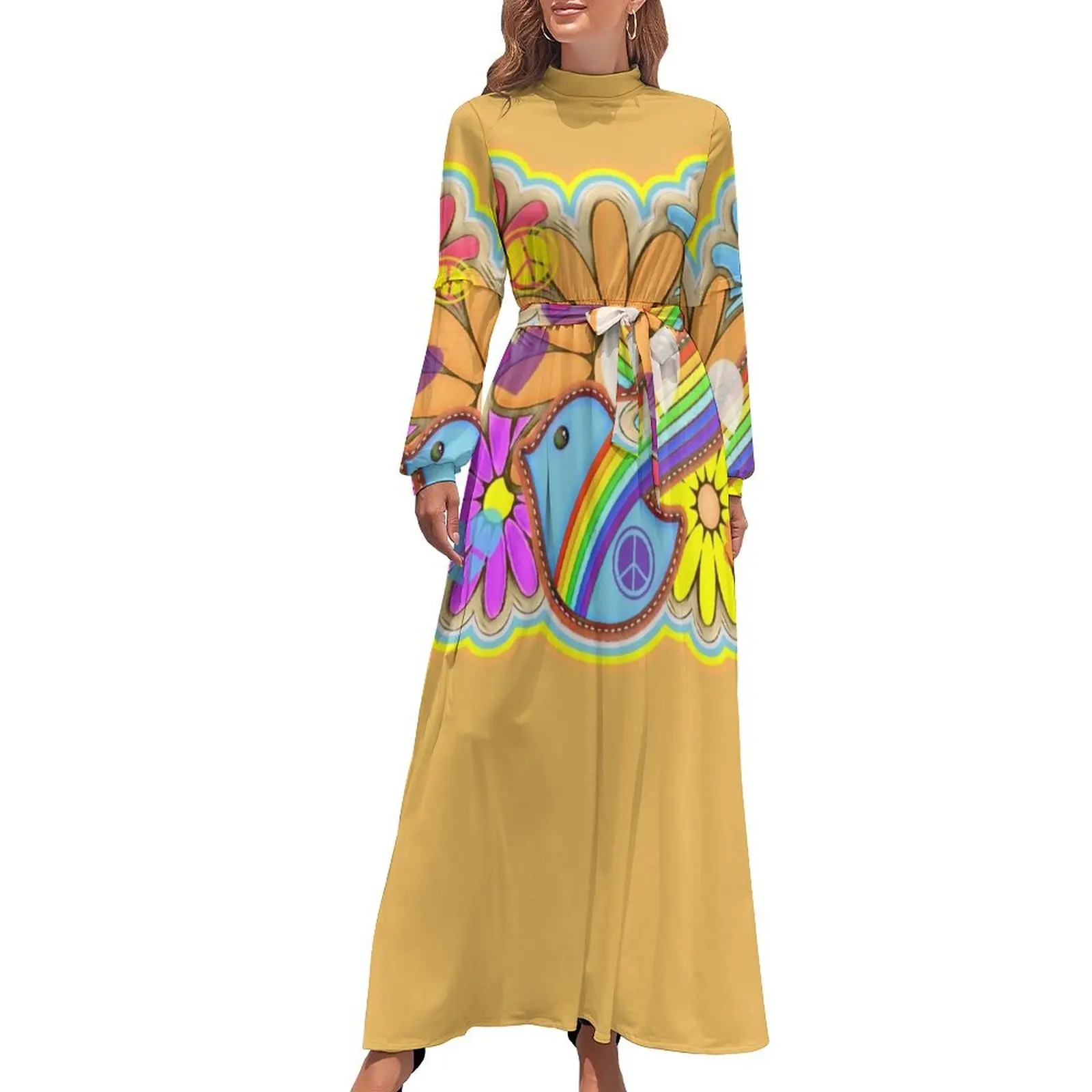 thumbnail image 1 of Vestido largo con diseño retro hippie de Flower Power, estilo paloma, elegante y chic, vestido de noche, vestido de fiesta de lujo para mujer, 1 of 5
