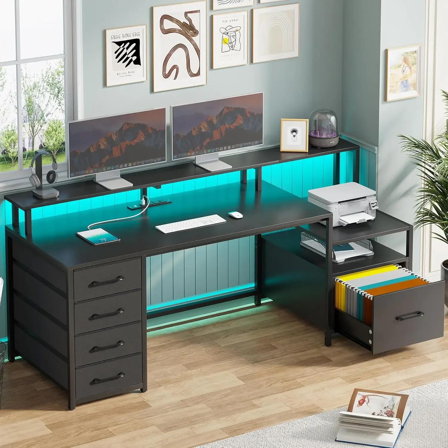 Computer Desk with 5 Drawer Power Outlet & Led Lights 66'' Home Office Desk with File Drawer Storage Monitor Shelf Gaming Desk 2