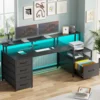 Computer Desk with 5 Drawer Power Outlet & Led Lights 66'' Home Office Desk with File Drawer Storage Monitor Shelf Gaming Desk 2