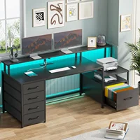 Computer Desk with 5 Drawer Power Outlet & Led Lights 66'' Home Office Desk with File Drawer Storage Monitor Shelf Gaming Desk 2