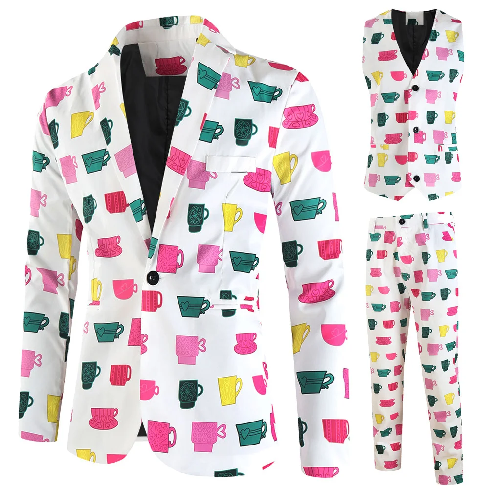 Valentine's Gift Men's Fashion Suit Three-Piece Sets Party Coat 3D Heart Printed Coat Vest Pants Suit Slim Fit Blazer Jacket Men