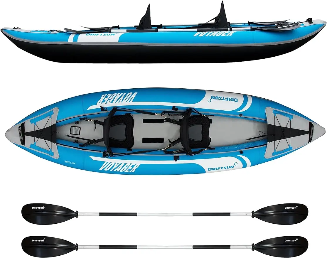 

Driftsun Voyager Inflatable Kayak - 2 Person Tandem Inflatable Kayak, Includes 2 Aluminum Paddles, 2 Padded Seats,