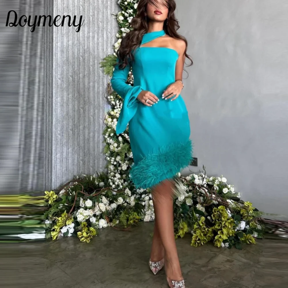 

Doymeny Saudi Arabic Women Vintage Short Hunter Party Dresses Feathers Asymmetric Knee Length One Long Sleeve Evening Prom Gowns