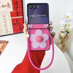 Floral 3D Leather Wristband Phone Case with Shockproof Hinge Protection - Galaxy Z Flip5 (Rose pink)