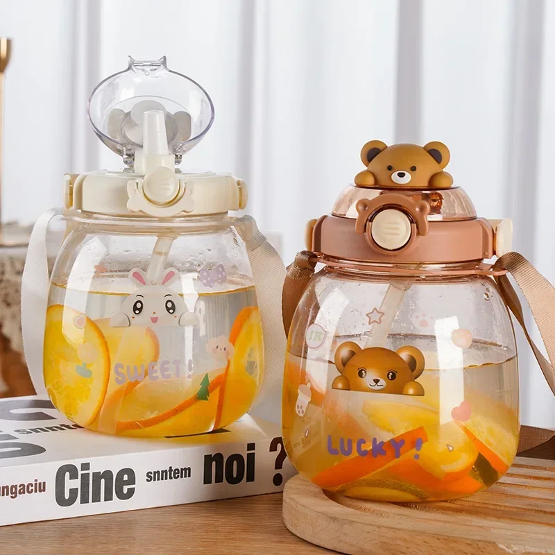 Cute Kawaii Bear Cartoon Water Glass Cup with Straw & Lid - Peachymart