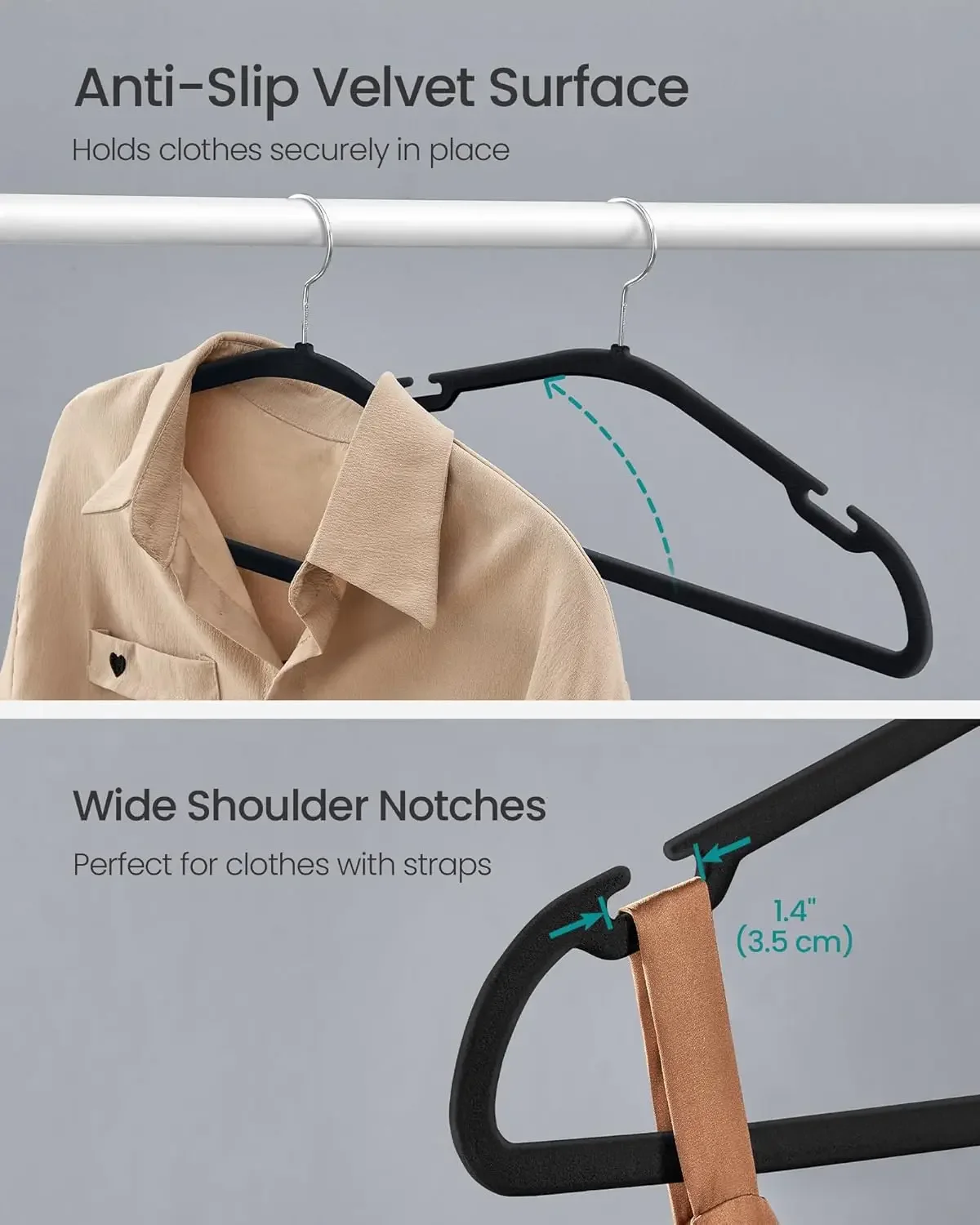 Velvet Hangers 50 Pack, Non-Slip Clothes Hangers, 17 x 8.3 Inches, Coat Hangers with Wide Shoulder Notches, Pants Bar 3