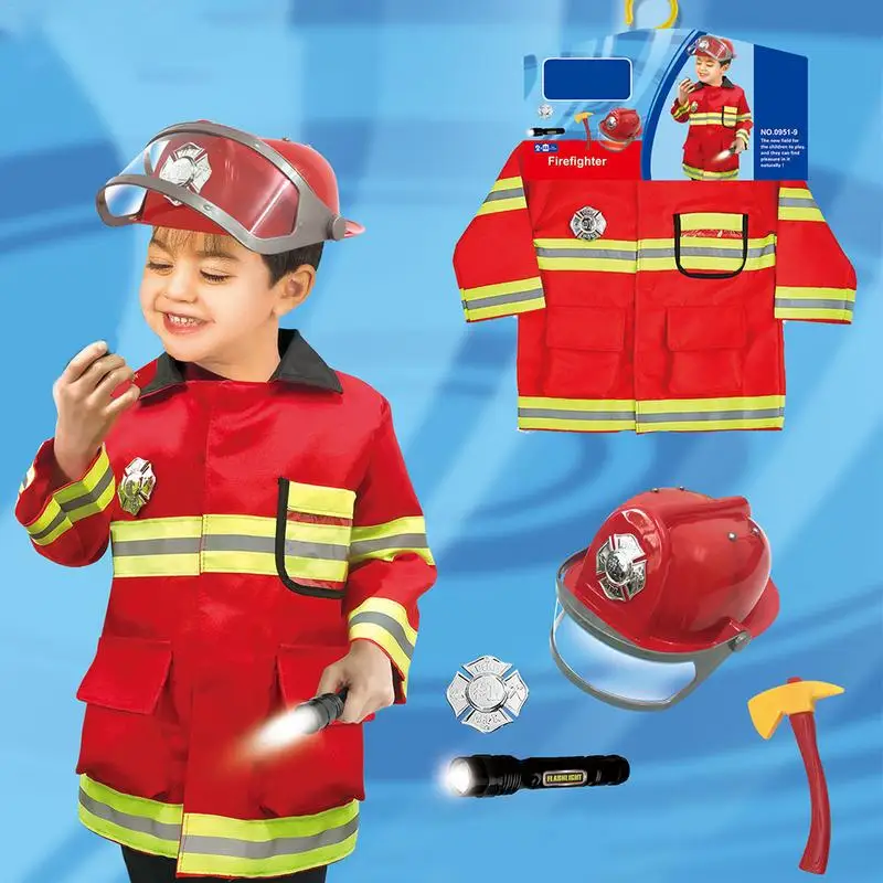 Children's Firefighter Suit Roleplaying Props Holiday Fireman Costume Toy For Kid Pretend Role Play Holiday Costume Polyester 4