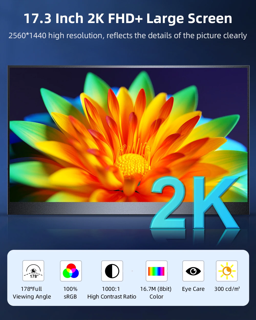 UPERFECT ޴  17.3 ġ 2K FHD 1440P Frameless IPS HDR FreeSync Eyecare  ÷ VESA  USB C HDMI