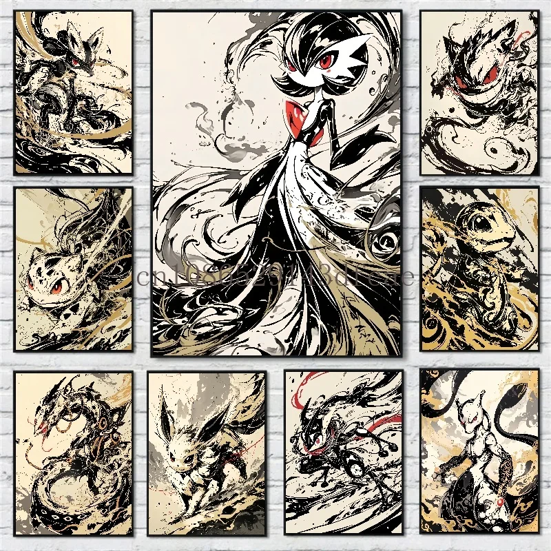 ポケモンアニメフィギュア,水墨画キャンバス,ピカチュウのポスターと