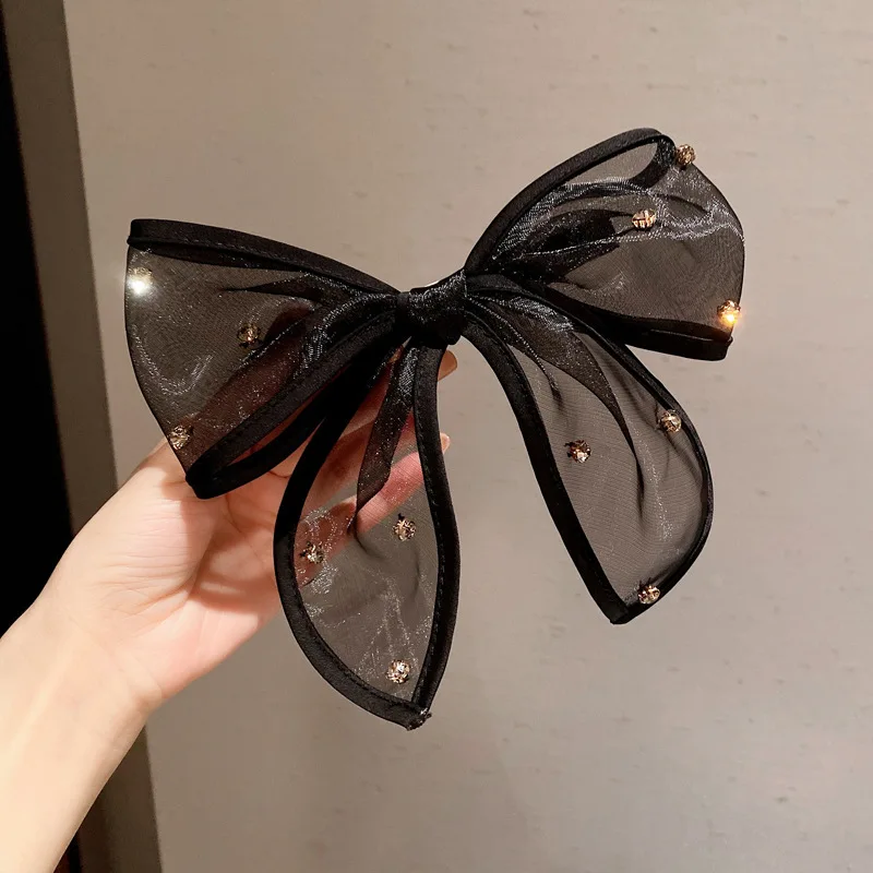 

New Oversized Black Lace Cloth Bow Ribbon Hairpin For Women Girls Rhinestones Spring Hair Clip Headband Hair Jewelry Accessories