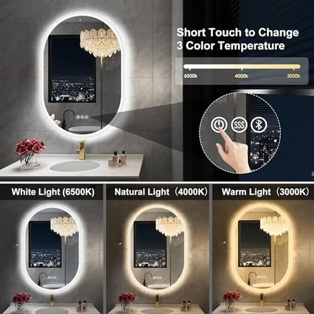 36 x 24 Oval LED Bathroom Mirror Bluetooth Speaker Wall Mount Anti-Fog Dimmable Waterproof Vanity Mirror Lighted with
