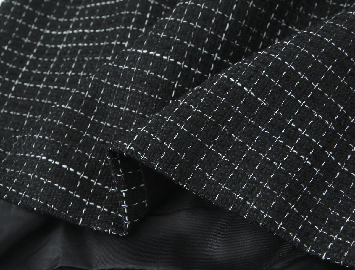 French Style Retro V collar Plaid Woven Tweed Blazer + High Waist Mini Short Skirts Suits 2 pieces 1 Set Black White