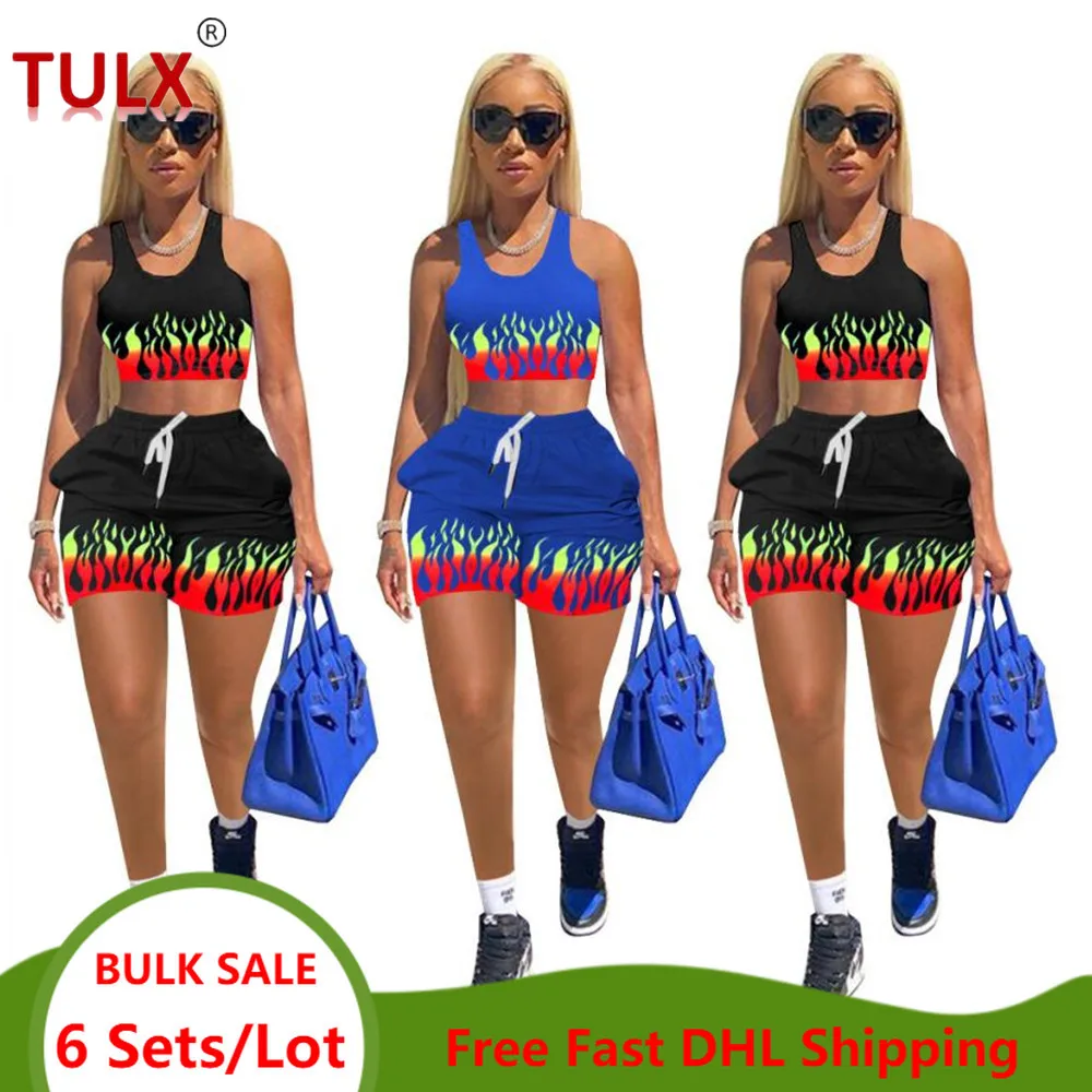 Sports Wear for Women Wholesale Clothes Bulk 2 Piece Summer Set Fire Flame  Print Gym Outfits Tank Top Shorts Running Suit 8026 - AliExpress
