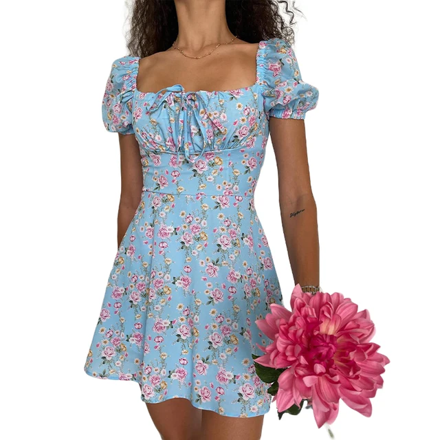 Women Mini Dress Short Sleeve Flower Print Lacing Summer A-line Dress For  Casual Vacation - Dresses - AliExpress