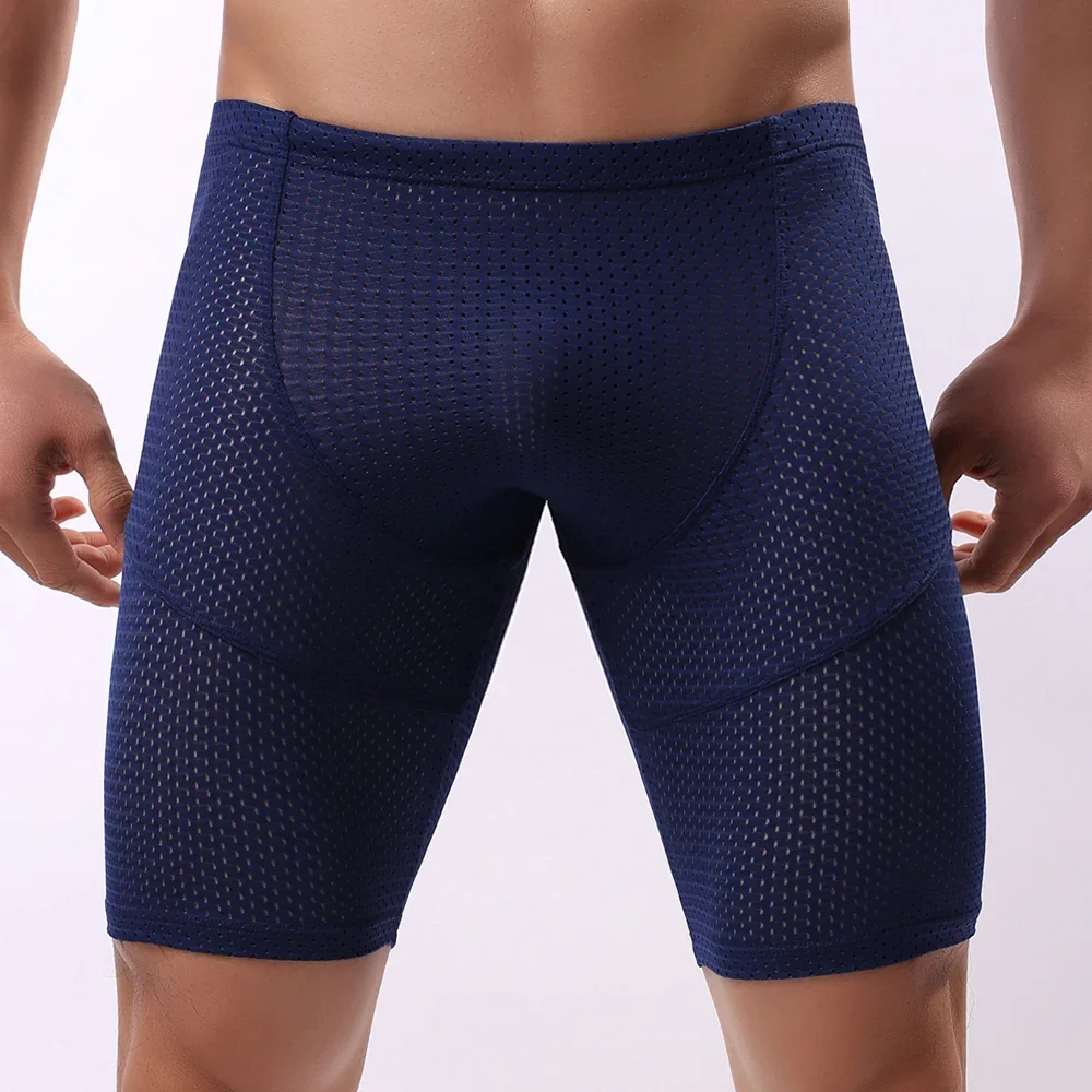 Fashion Breathable Mesh Men Long Leg Boxers Shorts Underwear Sexy Hot Long Boxer Shorts Men Boxers Panties Homme Man Underpants men s fishnet long boxer shorts underwear cut outs mesh see through gay square lingerie supre elastic big bottoms underpants