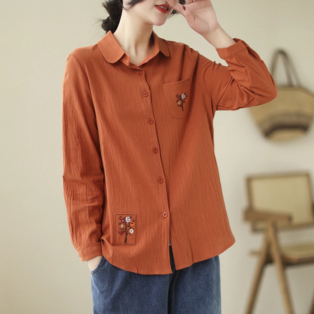 

Large Size Autumn Clothing 2023 New Long-Sleeved Casual Loose Linen Shirt Fashionable Flower Embroidered Cotton And Linen Top