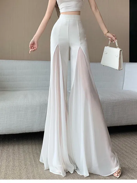 White mesh fishtail flared pants women summer thin design high waist hanging feeling elegant chiffon wide leg casual pants