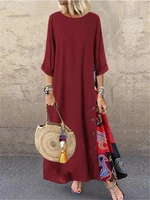 Women Vintage Print Patchwork Maxi Dress Boho 3/4 Sleeve Oversized Long Dress Casual Harajuku O Neck Loose Dress Elegant Robe - Image 5
