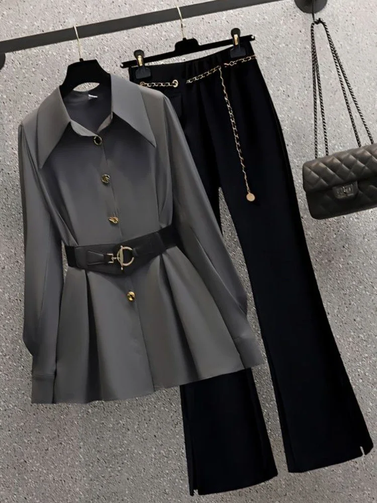 

Two Piece Sets Womens Outifits Single-breasted Blouses Belt Trousers Pants Workout Sets Office Lady Spring Set Two Piece F252